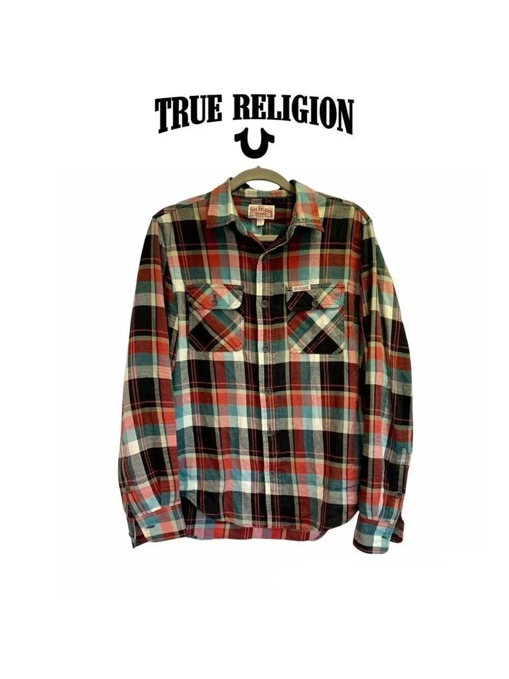 TRUE Religion red teal plaid check flannel fleece button down shirt size 8